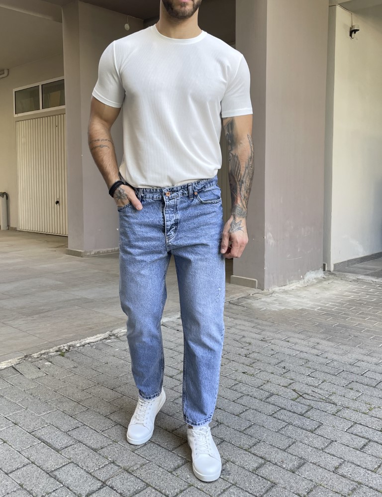 Ανδρικό μπλε loose τζιν ξεβαμμένο πεντάτσεπο με φθορές και κουμπιά 2477 φωτογραφία